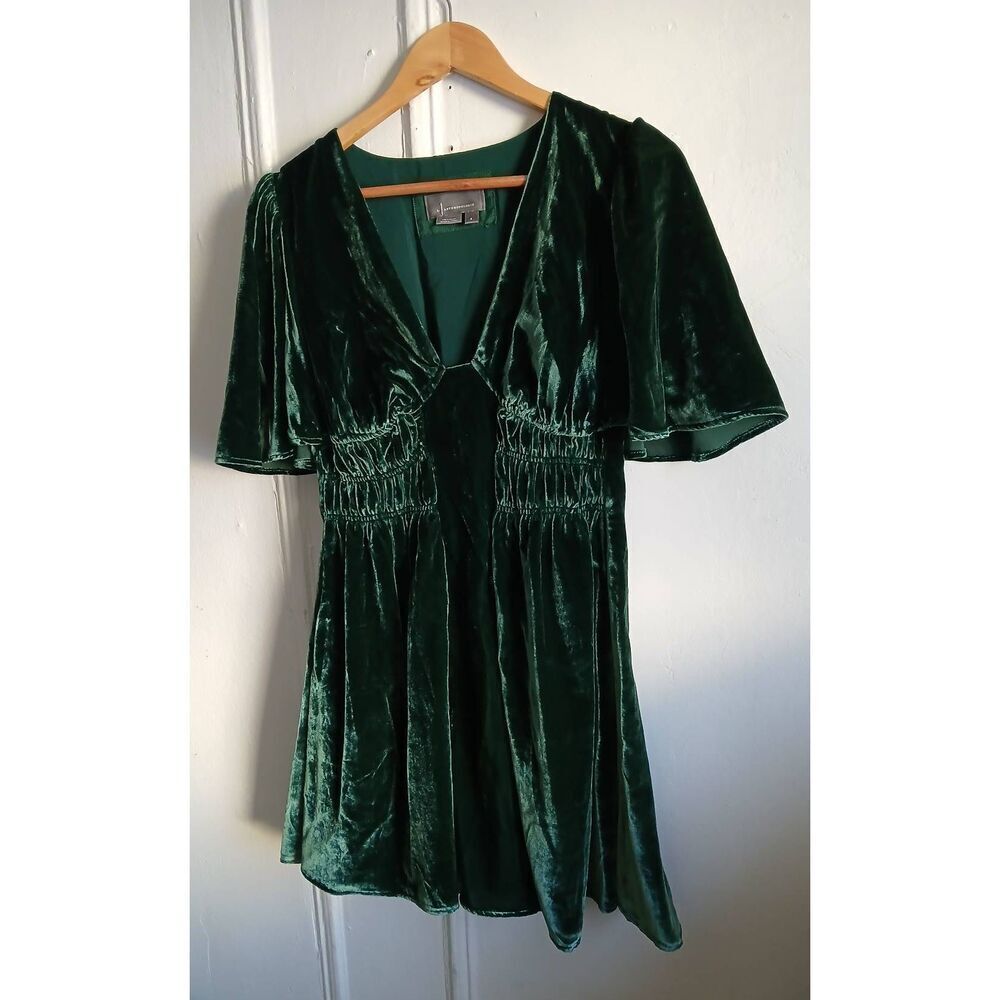 Anthropologie Emerald Green Velvet Mini Dress